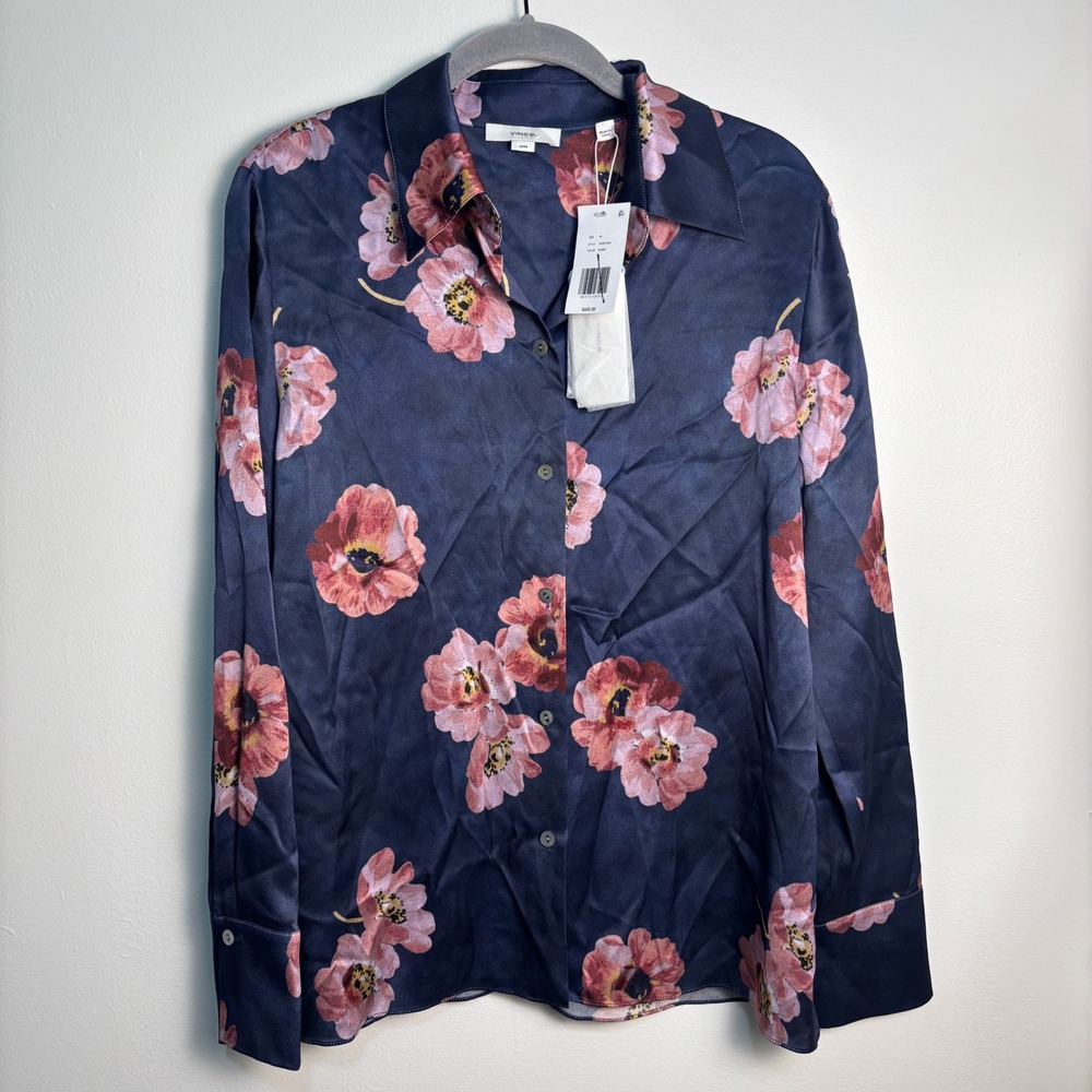 Vince 100% Silk Floral Blouse NWT Medium Navy Button Front Quiet Luxury Luxe - Picture 2 of 11